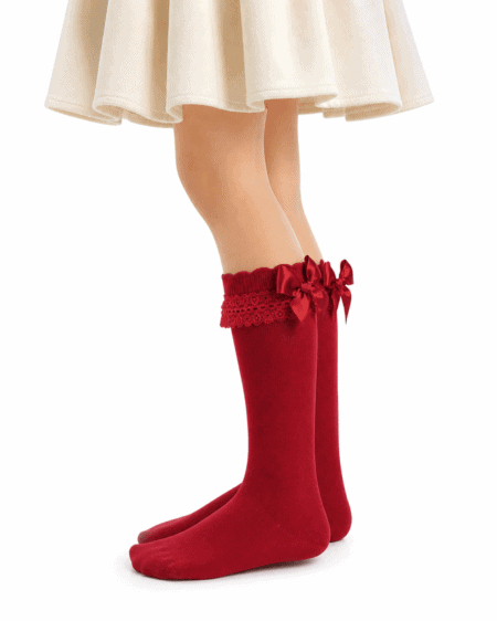 Meias Altas em Algodão Penteado Superior com Renda e Laço de Cetim | Sem Costura na Biqueira | Ref.13372 - Vermelho, 19-22