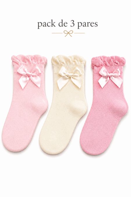 Pack de 3 Meias em Algodão Penteado Superior com Folhinho e Laço  | Sem Costura na Biqueira | Ref. 12751