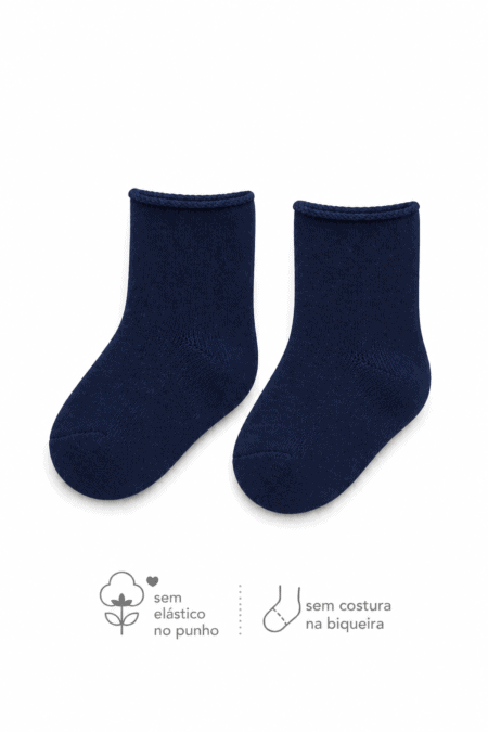 Meias de Bebé em Algodão Penteado Superior Sem Elástico no Punho | Sem Costura na Biqueira | Ref.4542 - Marinho, 23-26