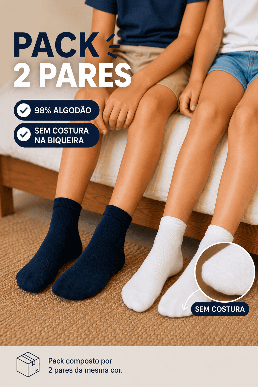 Pack de 2 pares de soquetes com alta percentagem de algodão penteado superior qualidade | Sem Costura na Biqueira Ref.20284