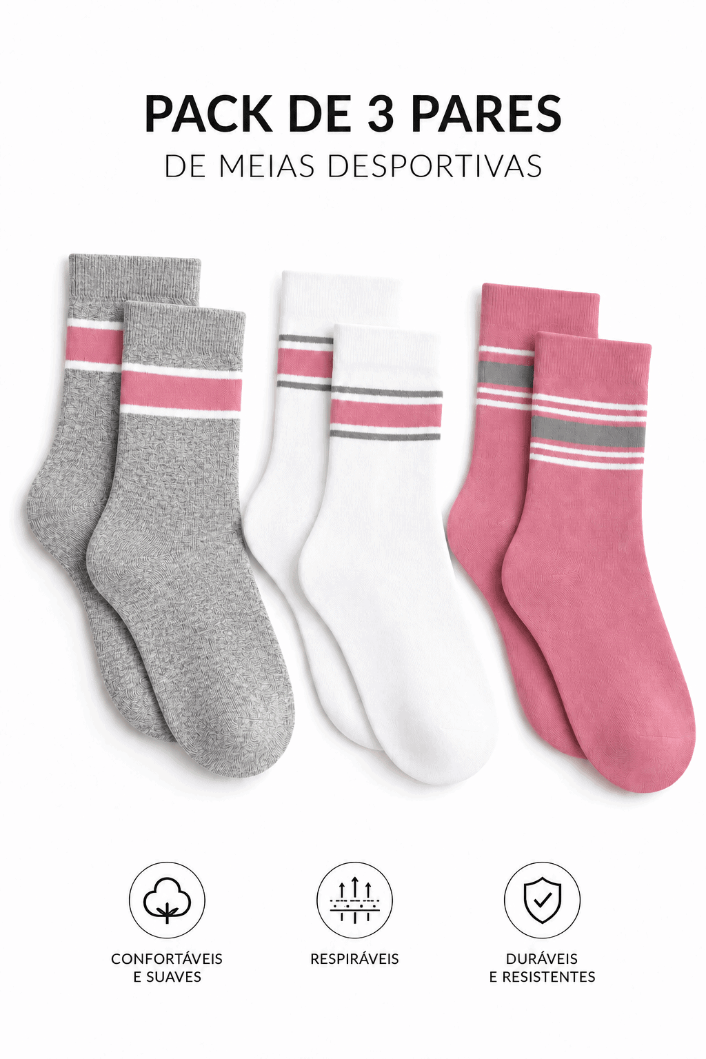 Pack de 3 Pares de Meias em Algodão Penteado Superior com Padrão Riscas | Sem Costura na Biqueira | Ref. 18860 - Image 2