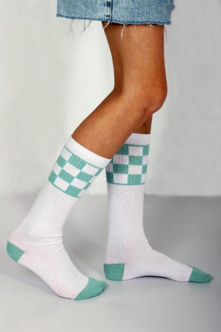 Meias Altas em Algodão Penteado Superior com Padrão Xadrez | Sem Costura na Biqueira | Ref.19511 - Verde Menta, 35-38