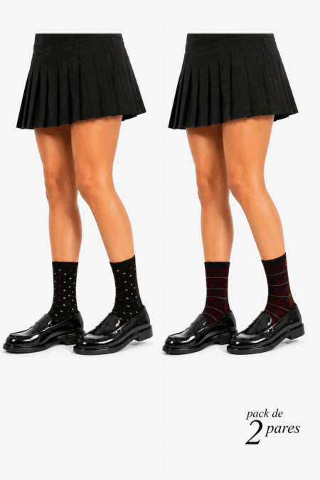Pack de 2 pares de meias em algodão penteado superior padrão bolas/riscas | Sem Costura na Biqueira | Ref.15697