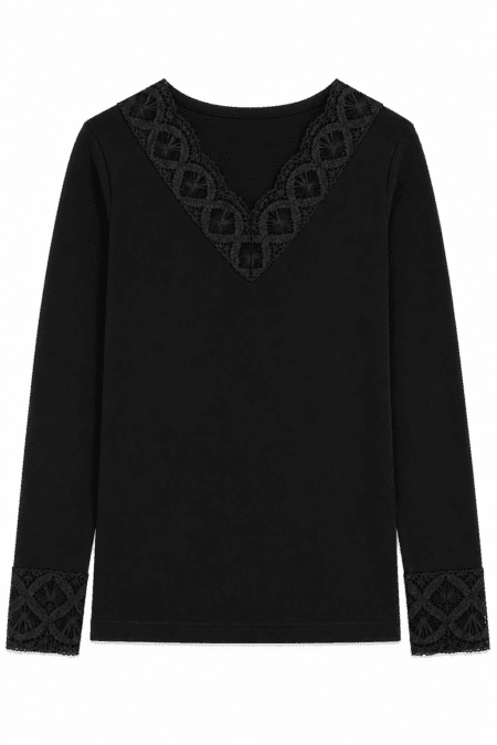 Camisola Térmica de Senhora com Renda no Decote e Punhos | Interior Cardado