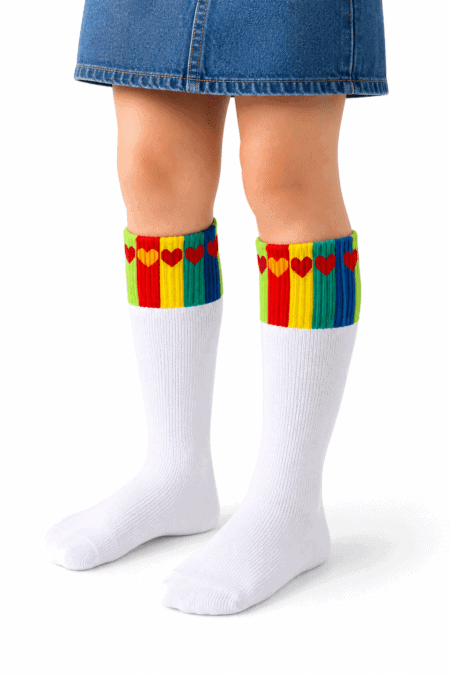 Meias Altas em Algodão Penteado Superior Rainbow Hearts | Sem Costura na Biqueira Ref. 20943