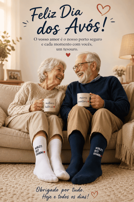 Pack de 2 pares de meias edição especial "Melhores Avós do Mundo ❤️"  | Sem Costura na Biqueira - Envelope de oferta incluído