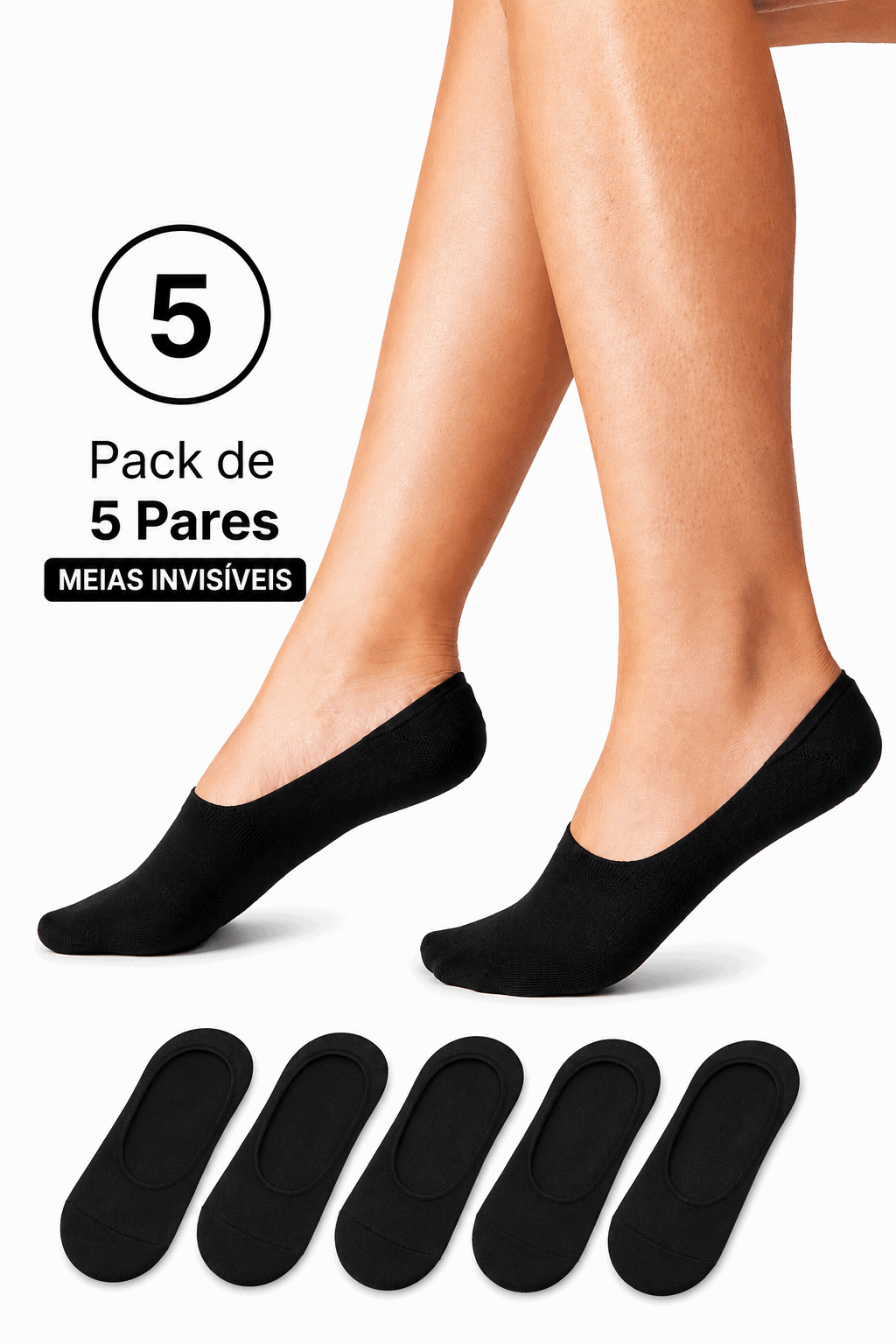 Pack Económico 5 Pares de Soquetes Invisíveis Unissexo | Sem Costura na Biqueira | Ref.12845