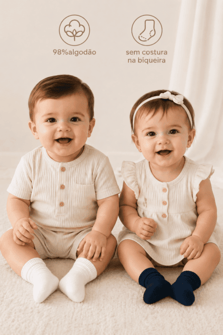 Pack de 2 Pares de Meias Bebé com Alta Percentagem de Algodão  | Sem Costura na Biqueira | Ref. 20356