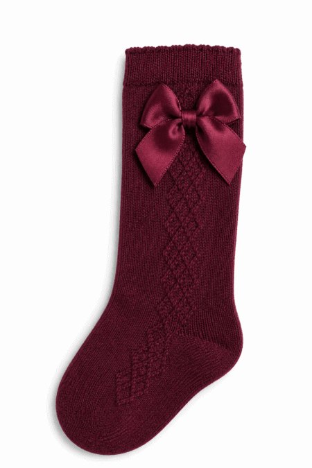 Meias Altas em Algodão Penteado Superior com Trabalhado e Laço de Cetim | Sem Costura na Biqueira | Ref.16411 - Bordeaux, 19-22