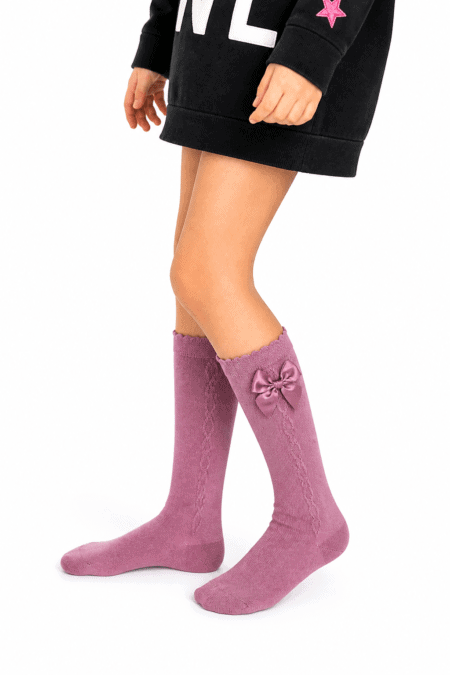 Meias Altas em Algodão Penteado Superior com Trabalhado e Laço de Cetim | Sem Costura na Biqueira | Ref.15573 - Rosa Seco, 31-34