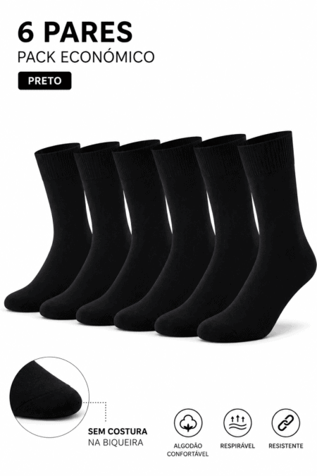 Pack Económico 6 Pares de Meias Homem Lisas | Algodão Penteado Superior Sem Costura na Biqueira Ref.4279