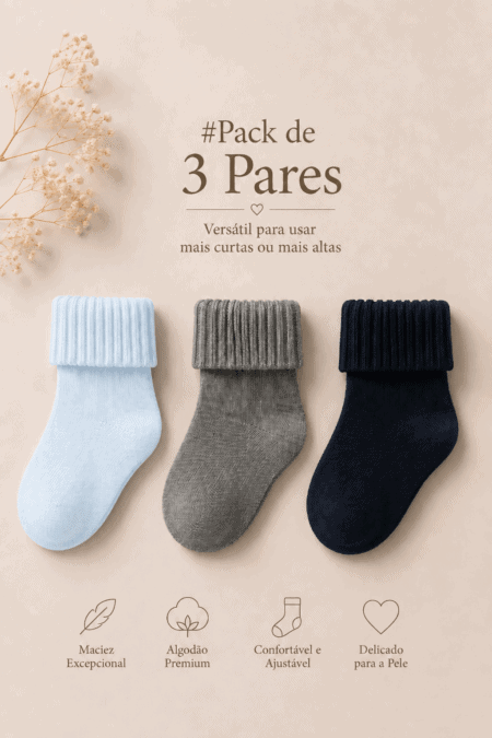 Pack de 3 Pares de Meias Bebé em Algodão Penteado Superior Efeito Curtas ou Altas  | Sem Costura na Biqueira | Ref. 10122