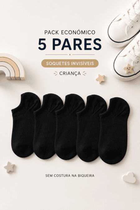 Pack Económico 5 Pares de Soquetes Unissexo para Criança | Algodão Penteado | Sem Costura na Biqueira | Ref. 7121 - Preto, 23-26