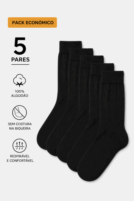 Pack Económico 5 Pares | Meias 100% Algodão Premium | Sem Costura na Biqueira Ref.7790