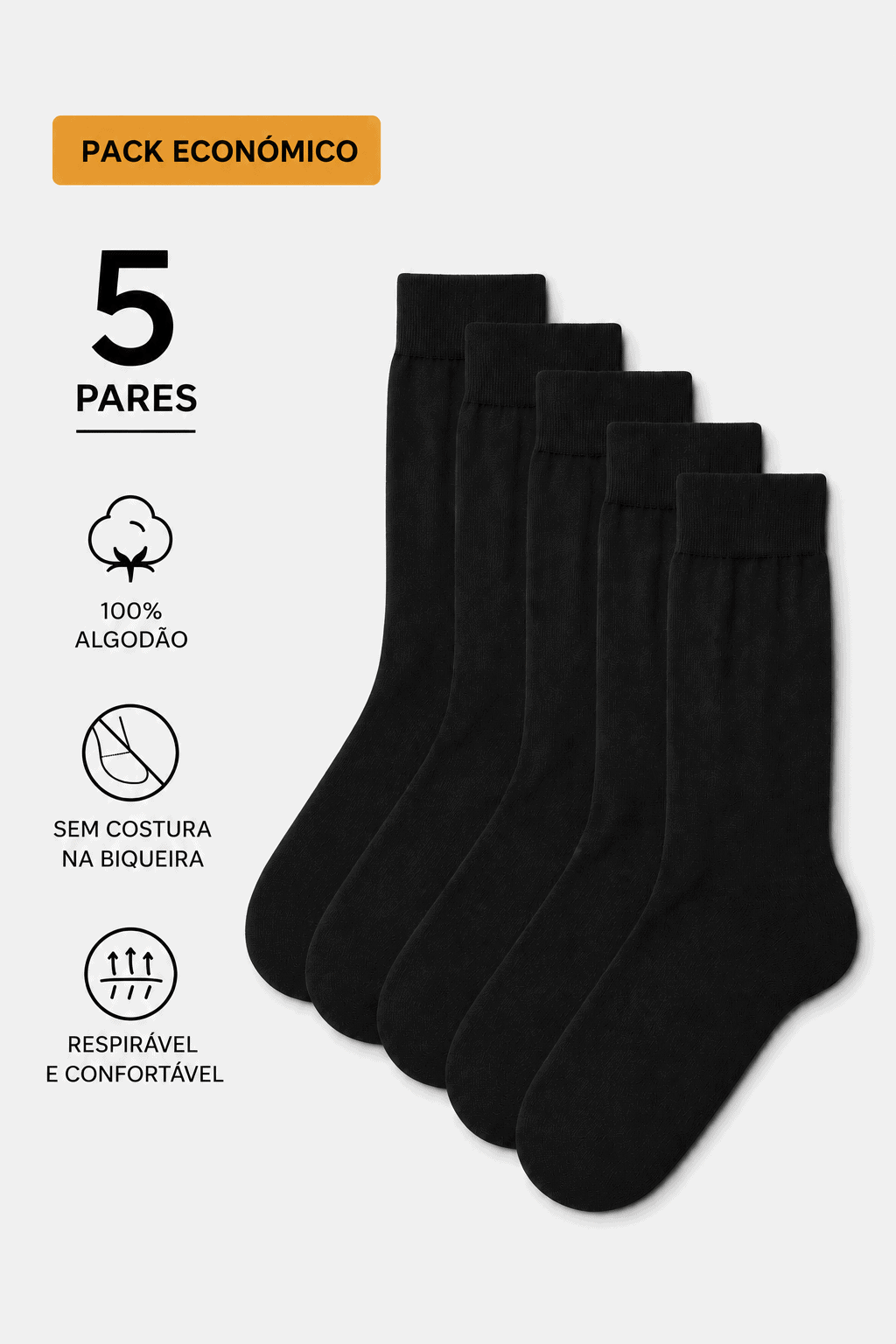 Pack Económico 5 Pares | Meias 100% Algodão Premium | Sem Costura na Biqueira Ref.7790