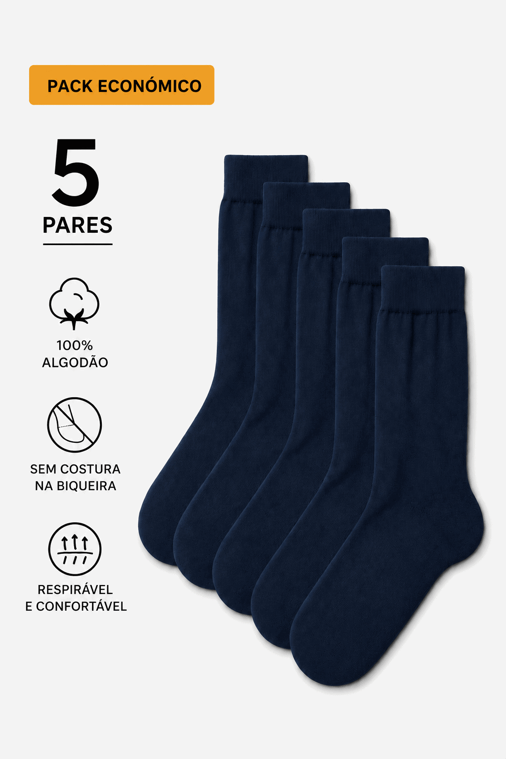 Pack Económico 5 Pares | Meias 100% Algodão Premium | Sem Costura na Biqueira Ref.7790 - Image 2