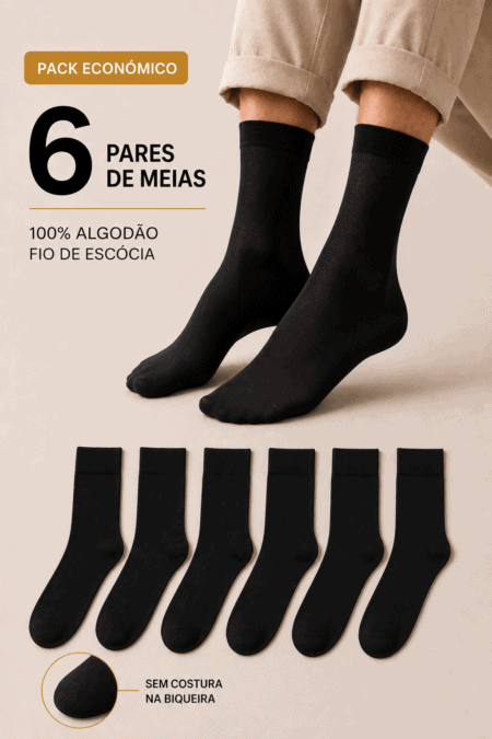 Pack Económico 6 Pares de Meias 100% Algodão em Fio de Escócia Premium | Sem Costura na Biqueira | Ref. 8018