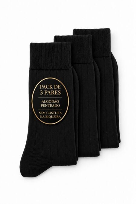 Pack de 3 Pares de Meias Caneladas em Algodão Penteado de Qualidade Superior | Sem Costura na Biqueira | Ref. 10066