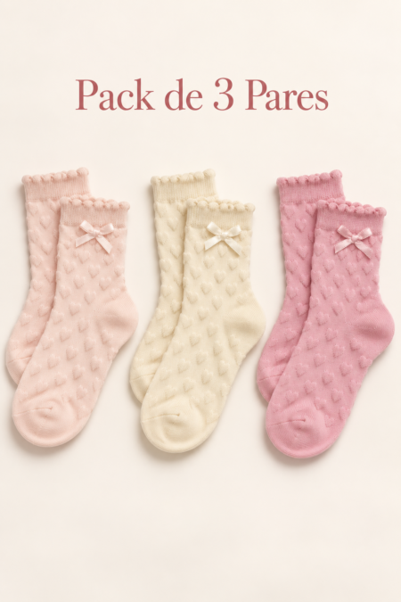 Pack de 3 Pares de Meias Infantis em Algodão Penteado com Corações em Relevo e Laço | Sem Costura na Biqueira | Ref. 11320