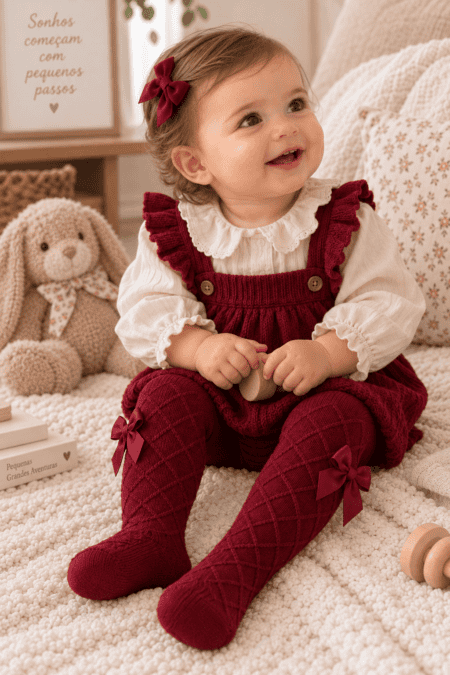 Collants de Bebé em Algodão Penteado com Losangos e Laço de Cetim | Ref. 12383