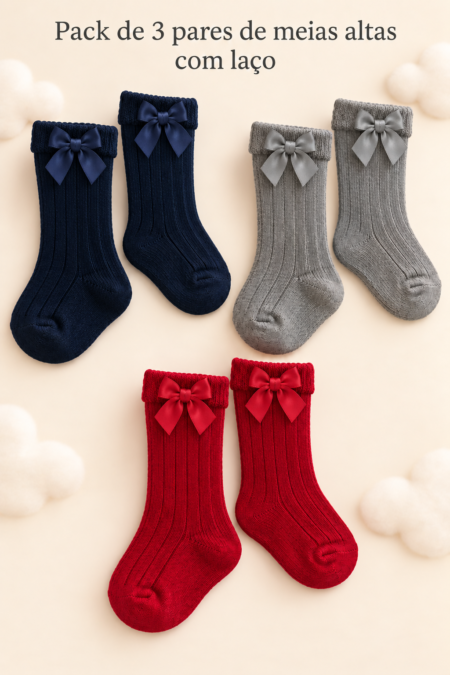Pack de 3 Pares de Meias Altas de Bebé Caneladas em Algodão Penteado com Laço | Sem Costura na Biqueira | Ref. 16798
