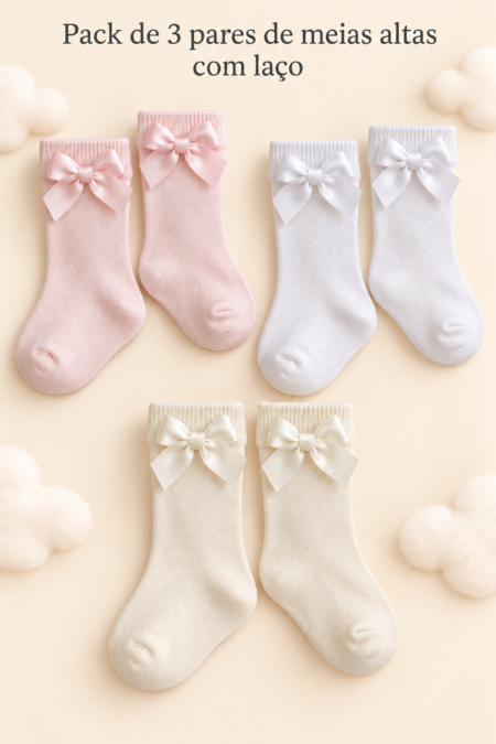 Pack de 3 Pares de Meias Altas de Bebé em Algodão Penteado com Laço | Sem Costura na Biqueira | Ref. 16799